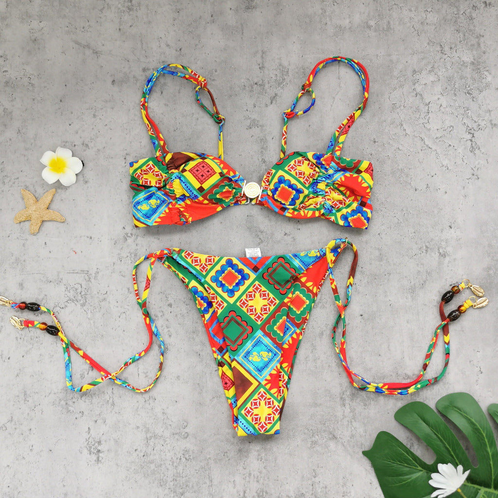 Bella Mia Tube Top Low Waist Three Point Bikini Sexy Backless Lace up Printed Split Swimsuit Women Bikini — detail and construction