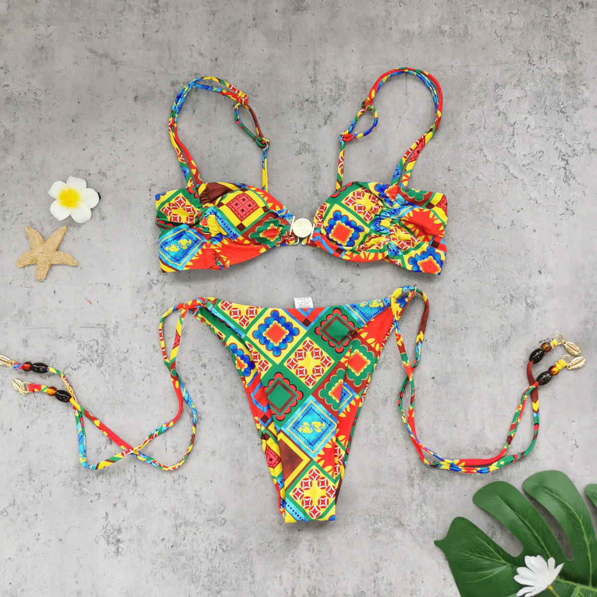 Bella Mia Tube Top Low Waist Three Point Bikini Sexy Backless Lace up Printed Split Swimsuit Women Bikini — detail and construction