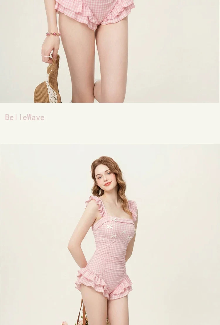 Women's Ruffled One-Piece Swimsuit Plaid Pink