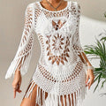 Women's Crochet Beach Cover-Up Tassel Cutout Three-Quarter Sleeve Round Neck