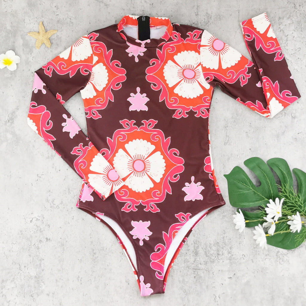 Bella Mia Printed Long Sleeve Zipper Surfing One Piece Swimsuit — detail and construction