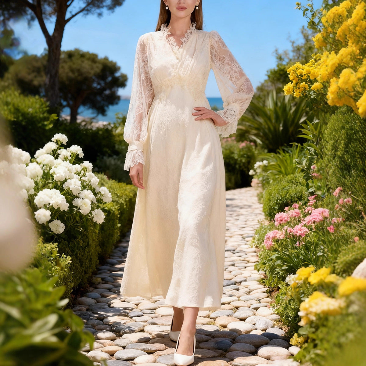 Lace Long Sleeve Elegant Dress Autumn High Sense V neck Waist Controlled Slimming Dress Women