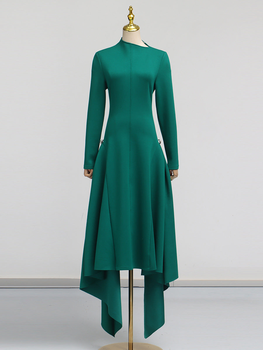 Simple Solid Color Dress Spring High Grade Waist Slimming Irregular Asymmetric Dress Women