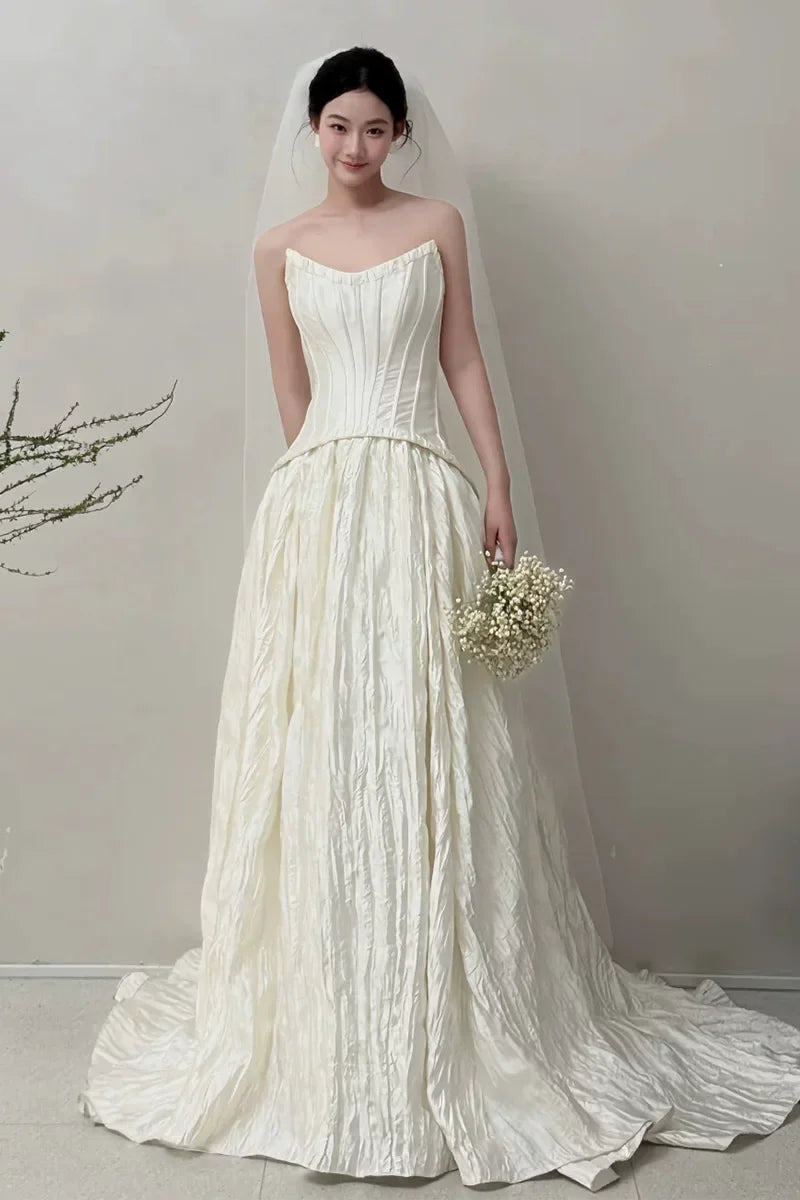 French Style Tube Top Wedding Dress White Long