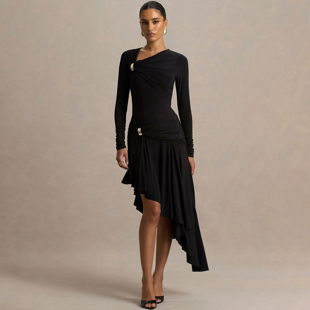 Bella Mia Autumn Winter Graceful Fashionable Women Slim Dress Sexy Pleated Irregular Asymmetric Maxi Dress — branding close-up