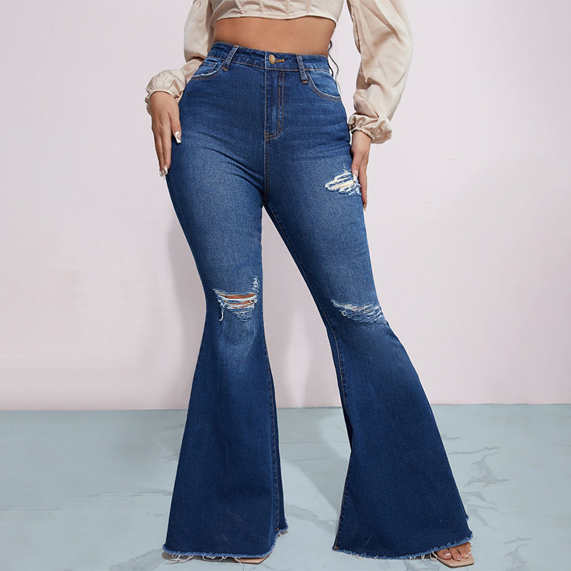 Bella Mia Jeans Arrival High Waist Stretch Flared Pants Hip Lifting Denim Trousers Women Ripped Denim — main product shot