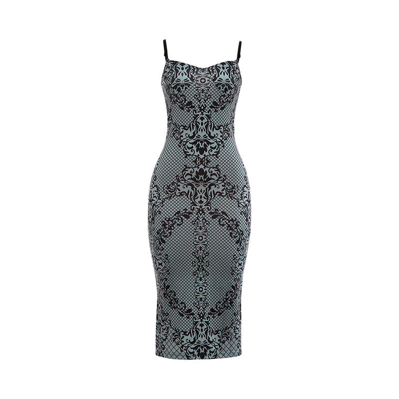Bella Mia Autumn Winter Women Clothing Suspenders Low Cut Backless Print Back Slit Slim Fit Sexy Dress — alternate view