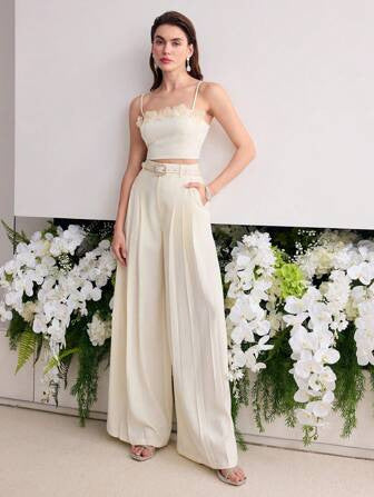 Spring Slim Fit High Grade Slim Sexy White Beautiful High Waist Wide Leg Women Two Piece Sets