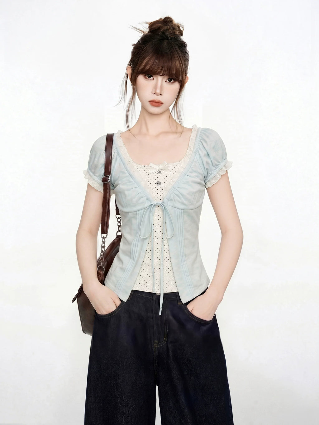 Blue V-Neck Lace Short Sleeve Blouse And Vest Two-Piece Set