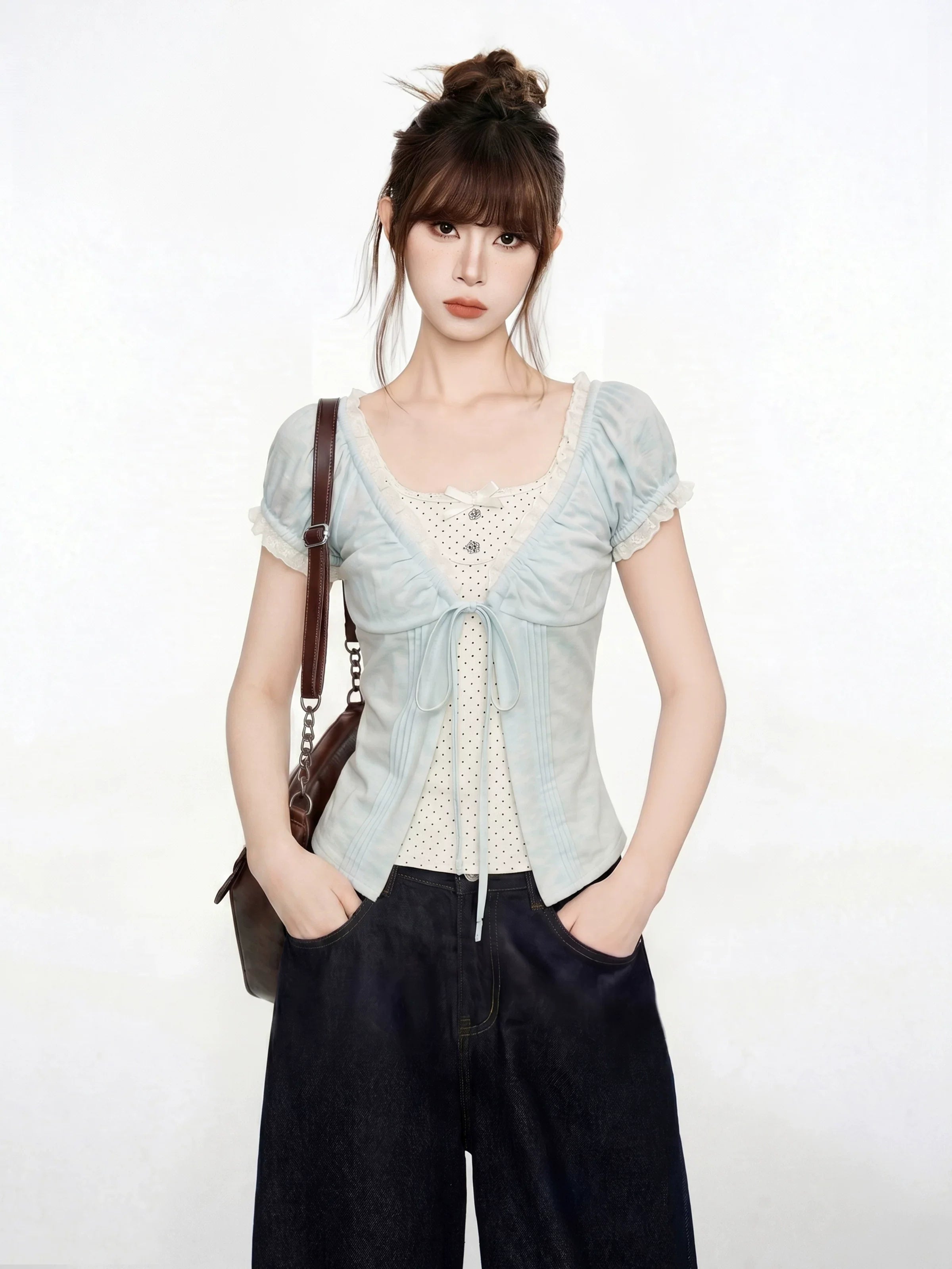 Blue V-Neck Lace Short Sleeve Blouse And Vest Two-Piece Set