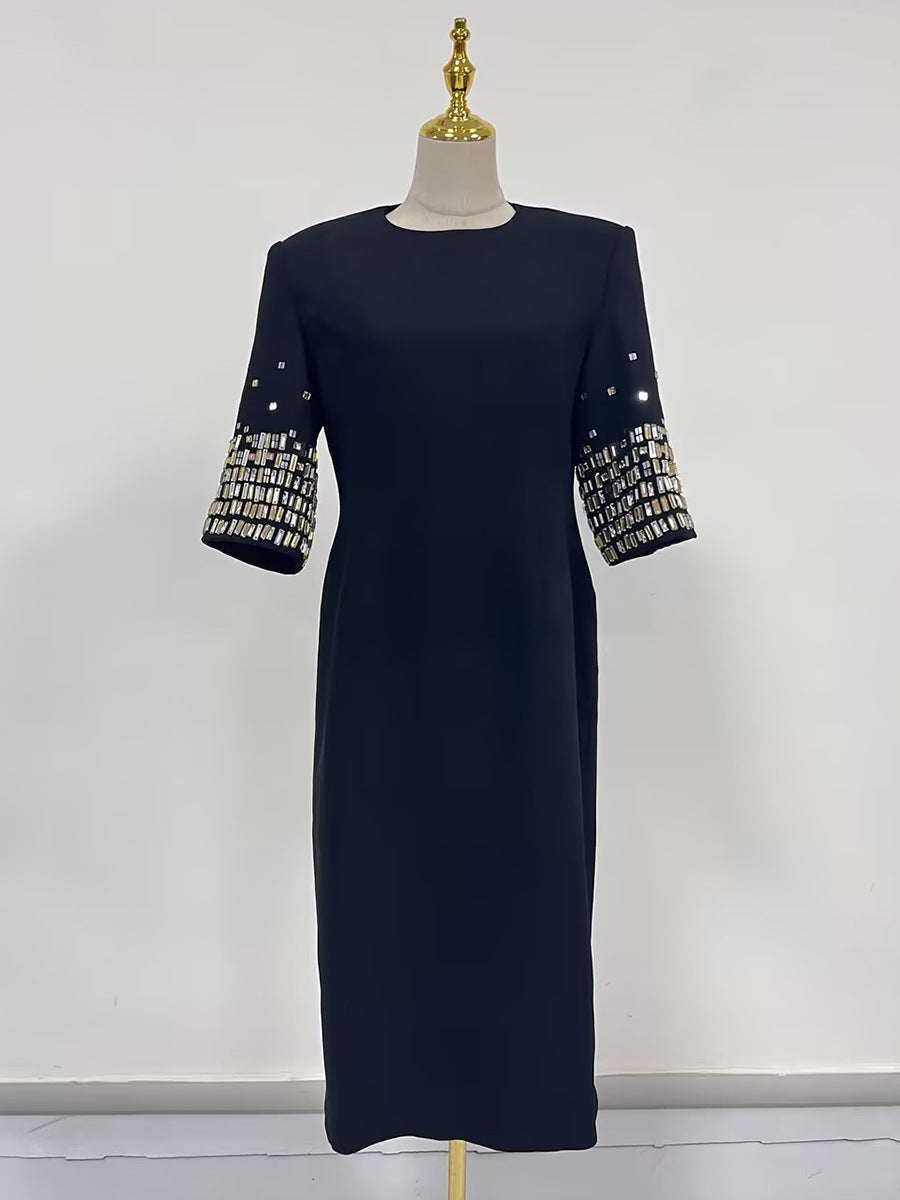 Crew Neck Sequined Short Sleeved Dress Spring High Grade Waist Slimming Beautiful Dress Women