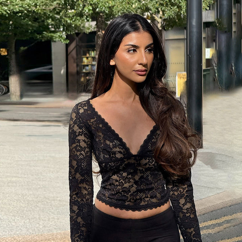 Bella Mia Autumn Sexy Hollow Out Cutout out V neck Lace See through Bottoming Top — main product shot