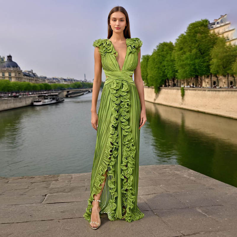 Bella Mia French Cocktail Maxi Dress Summer V Neck Pleated Ruffled Waist Slimming A Line Dress Women — main product shot