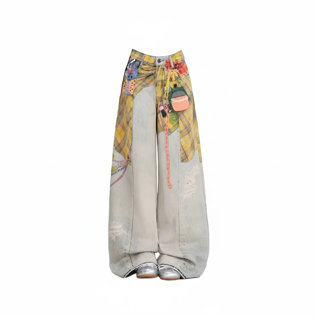 American Style Retro High Waist Loose Fit Denim Blue Trousers for Women
