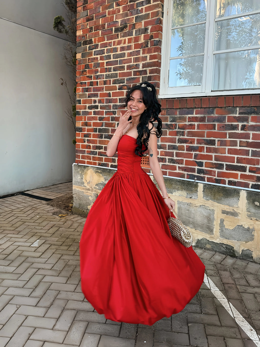 French Style Off-Shoulder Split Midi Dress Ruched Waist Slimming A-Line Skirt Vacation