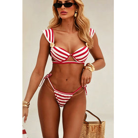 Push up Sling Ruffled Striped Printed Split Swimsuit Women Triangle Banded Bikini