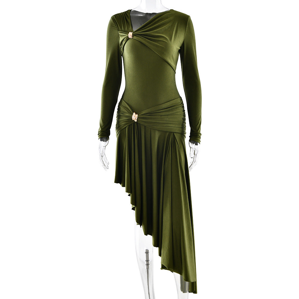 Bella Mia Autumn Winter Graceful Fashionable Women Slim Dress Sexy Pleated Irregular Asymmetric Maxi Dress — alternate view