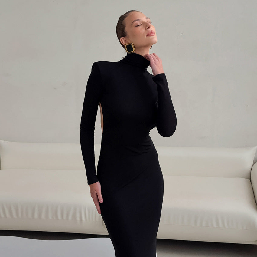 Bella Mia Spring Elegant Black Sexy Backless Knitted Slim Fit Long Sleeved Turtleneck Dress for Women — branding close-up