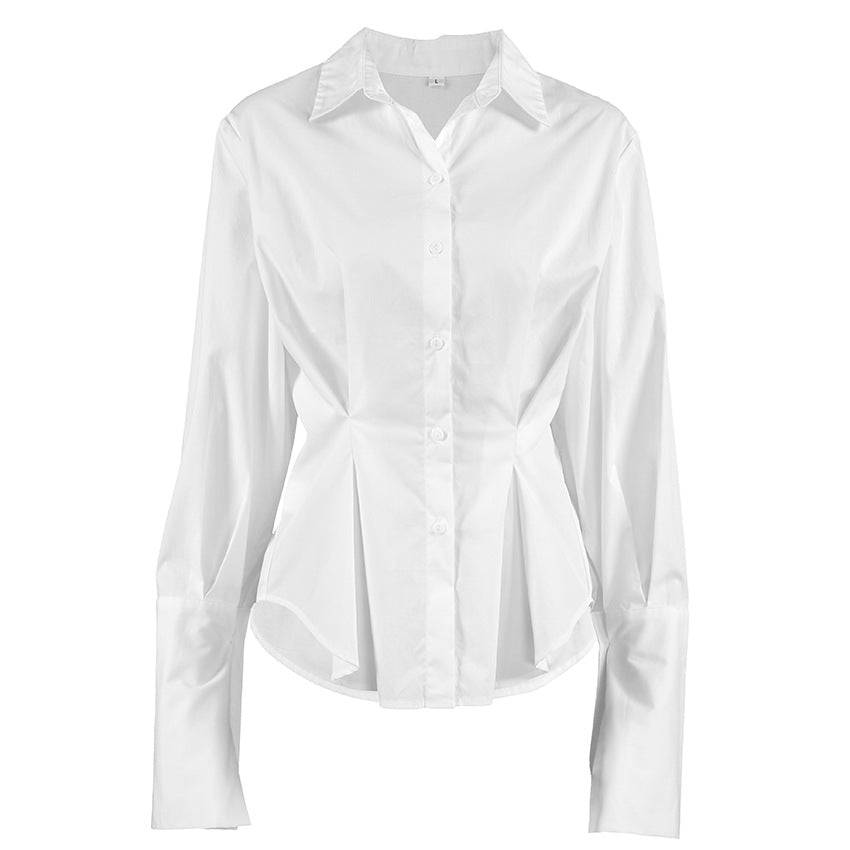Bella Mia Court White Cotton Shirt Women Light Luxury Pleat Waisted Slim-Fit Long-Sleeved Collared Shirt — alternate view