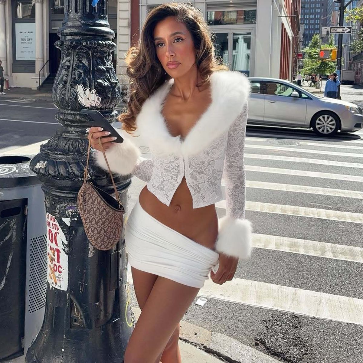 Bella Mia Women Clothing Autumn Winter Street Lace Plush Long Sleeved Top Sexy Skirt Set — color variant
