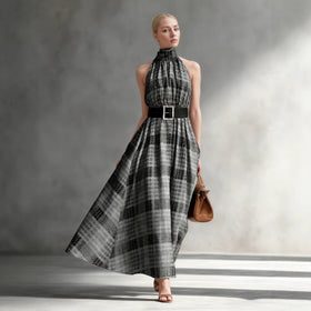 Halter Sleeveless Plaid High Waist Lace up Waist Draping Effect Large Hem A line Dress French Dress