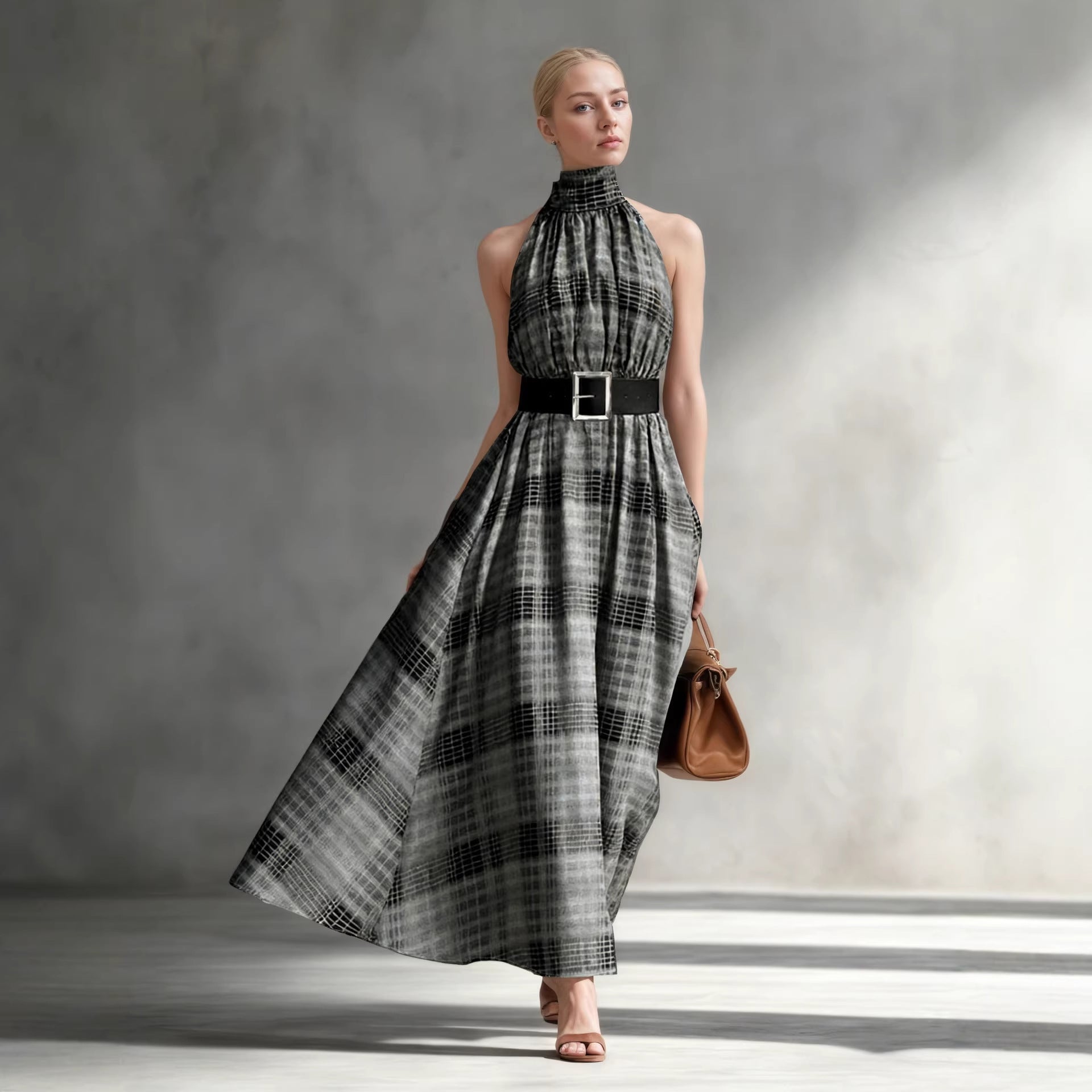 Halter Sleeveless Plaid High Waist Lace up Waist Draping Effect Large Hem A line Dress French Dress