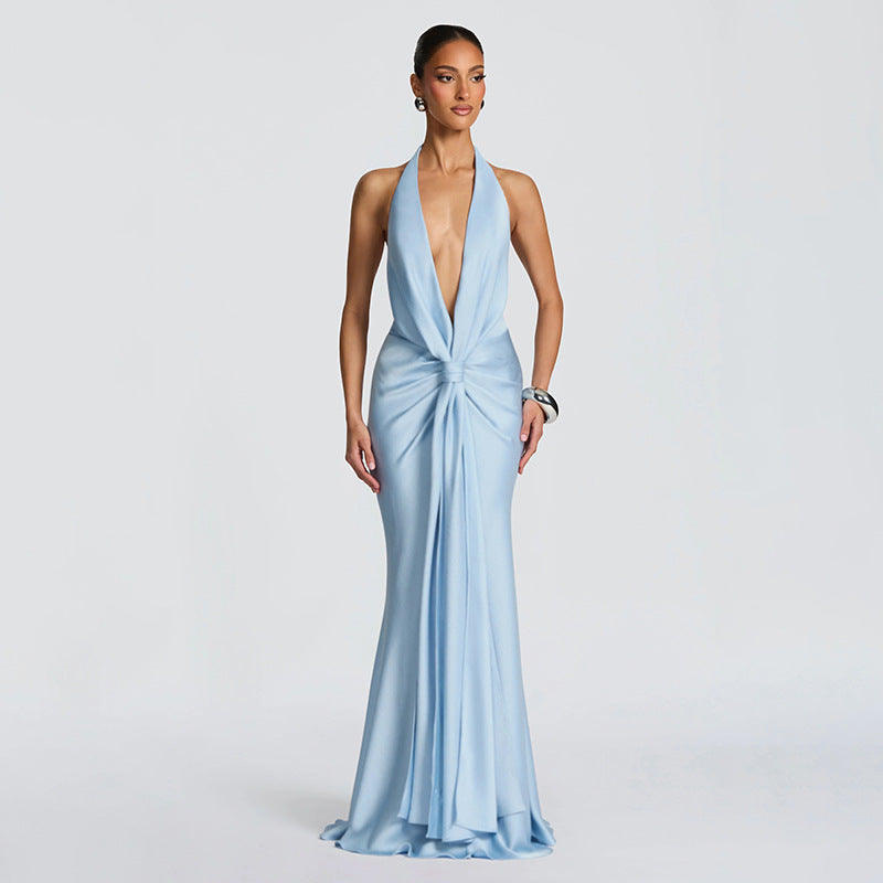 Autumn Winter Women Solid Color Deep V Plunge neck Halter Ribbon Pleated Sexy Backless Elegant Dress for Women — view 5