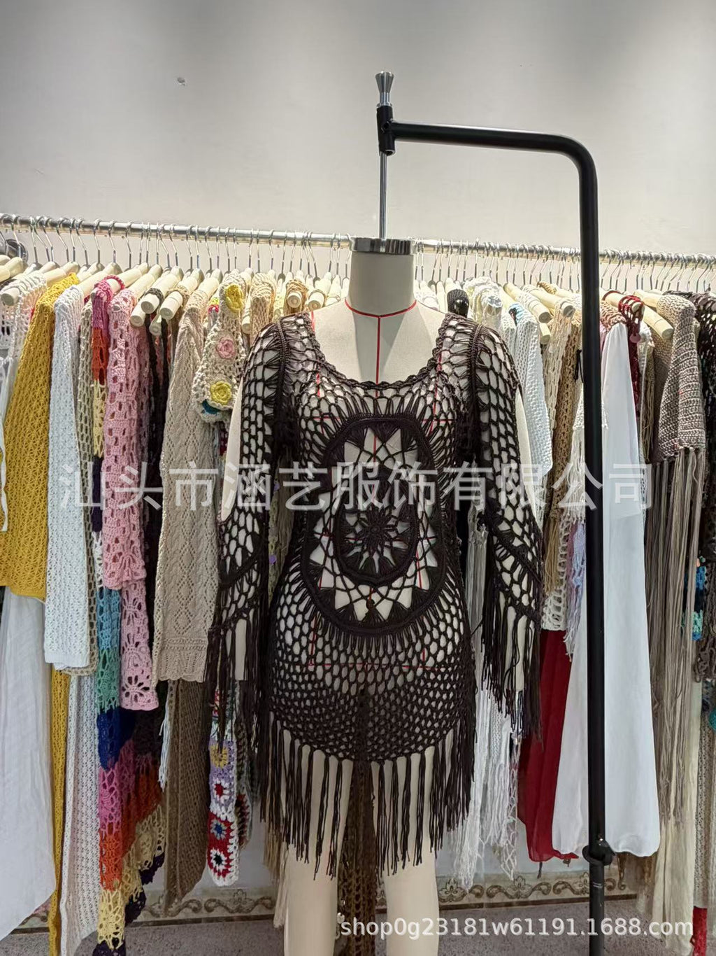 Women's Crochet Beach Cover-Up Tassel Cutout Three-Quarter Sleeve Round Neck