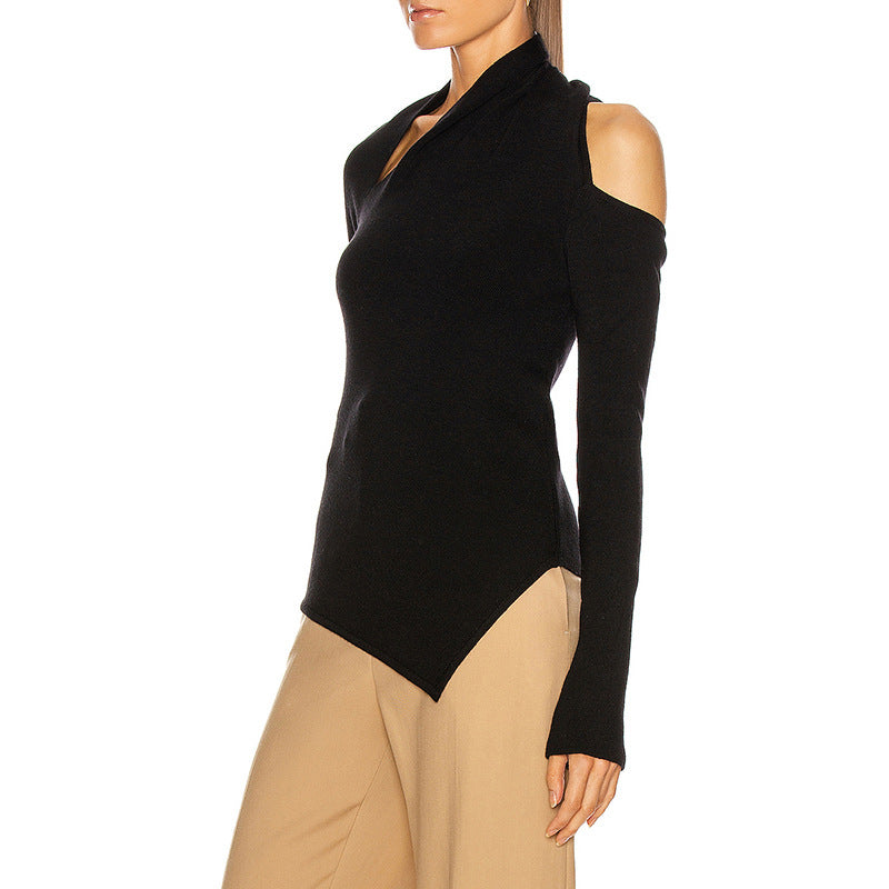 Bella Mia Irregular Asymmetric Design Sweater Autumn Winter Personalized Off The Shoulder Solid Color Slim Fit Short Women Sweater — detail and construction