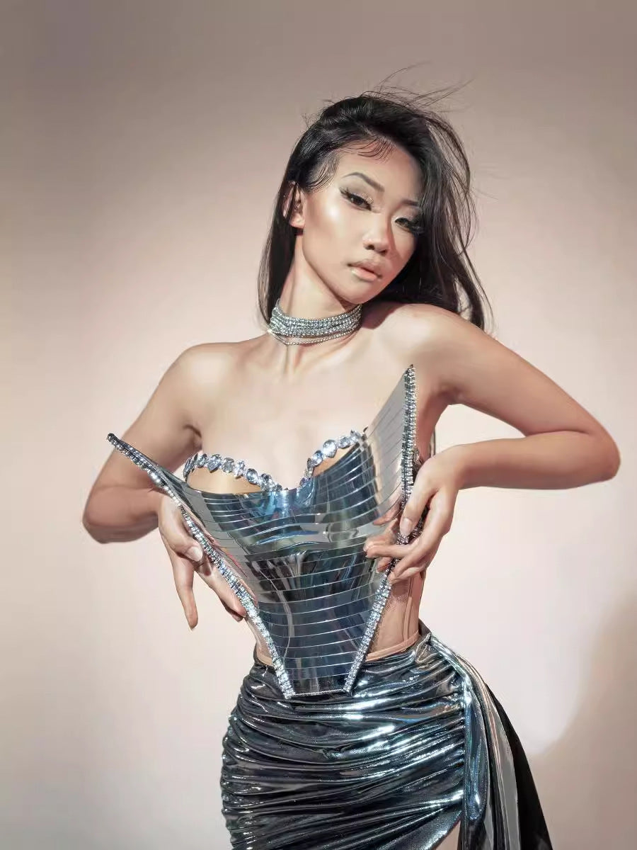 3D Push-Up Rhinestone Vest And Mini Skirt Set Sleeveless