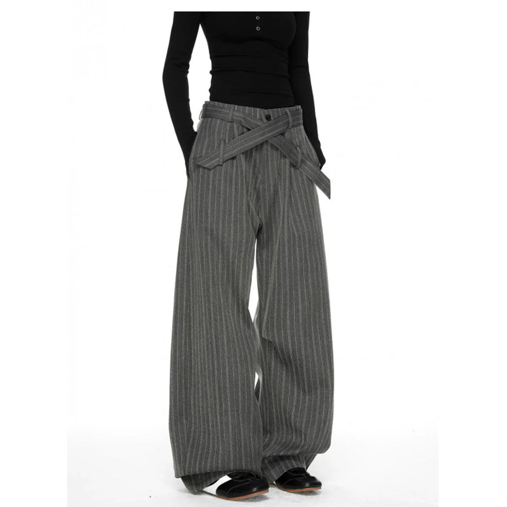 CEAROCOW Women's Retro Pleated Stripe Belt Trousers Loose Fit