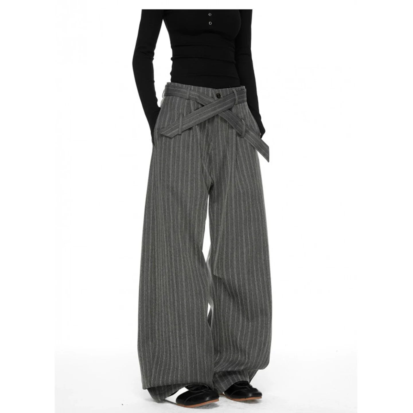 CEAROCOW Women's Retro Pleated Stripe Belt Trousers Loose Fit