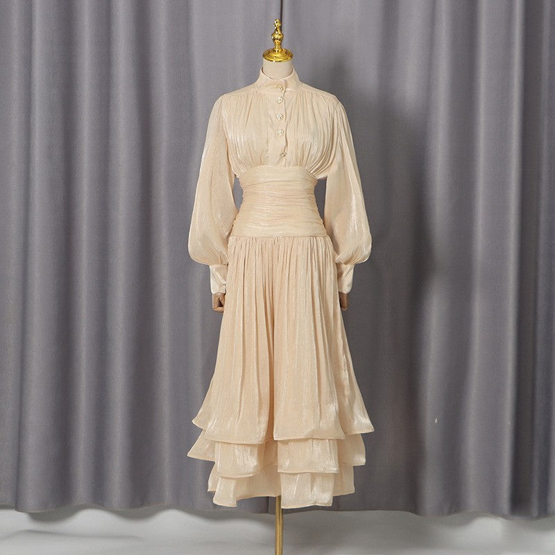 Spring Elegant Retro Lantern Sleeve Breasted Ruffled Maxi Dress Waist Slimming Dress