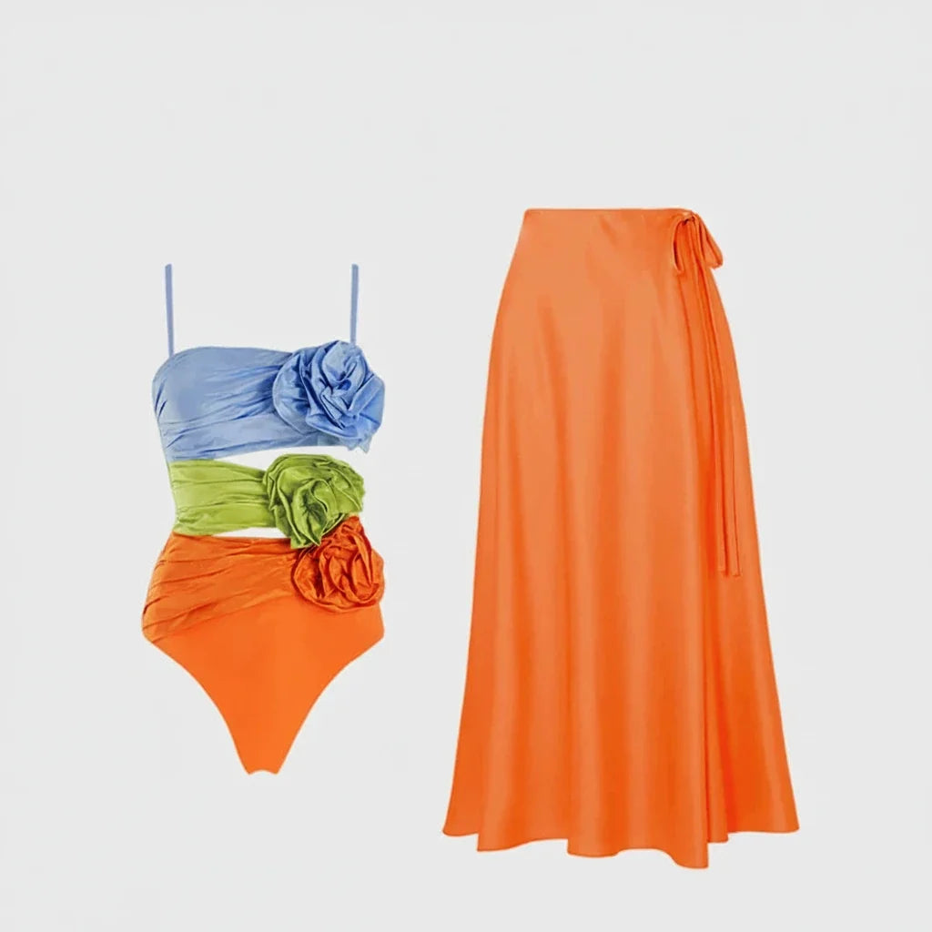 Contrasting Color Hollow Suspender One Piece Swimsuit