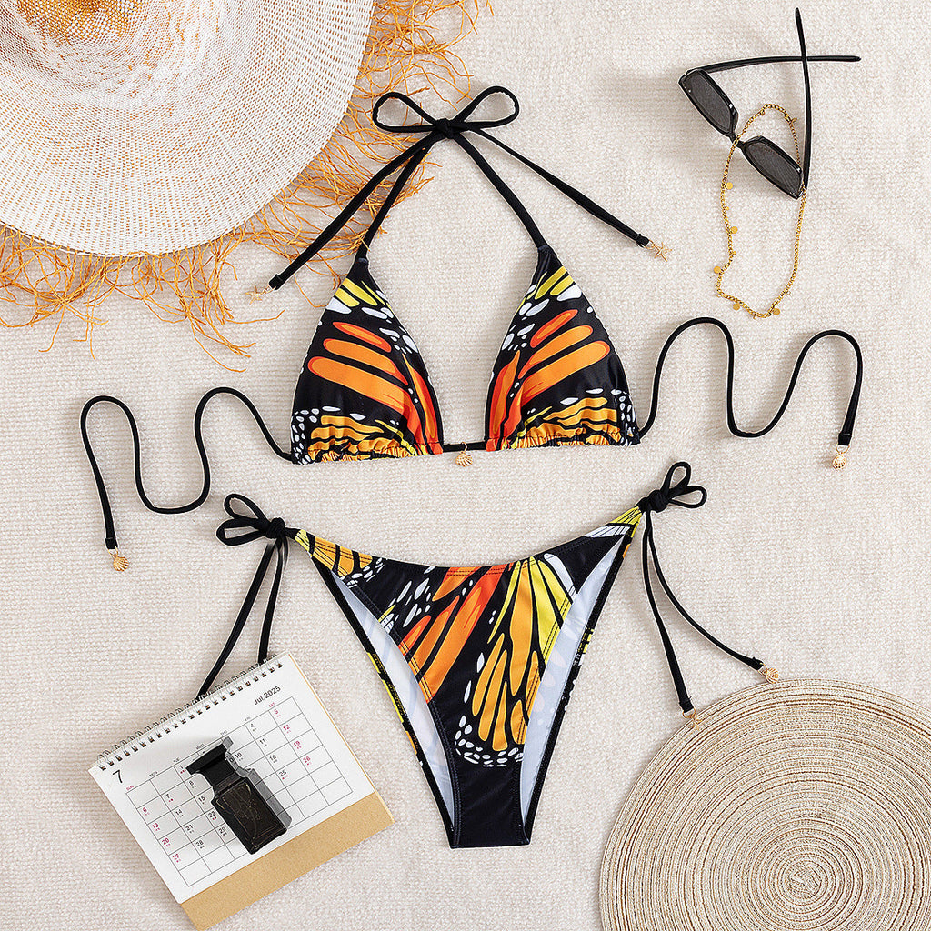 Bella Mia Bikini Swimsuit Women Sexy Butterfly Printed Halter Lace up Bikini Swimsuit — detail and construction