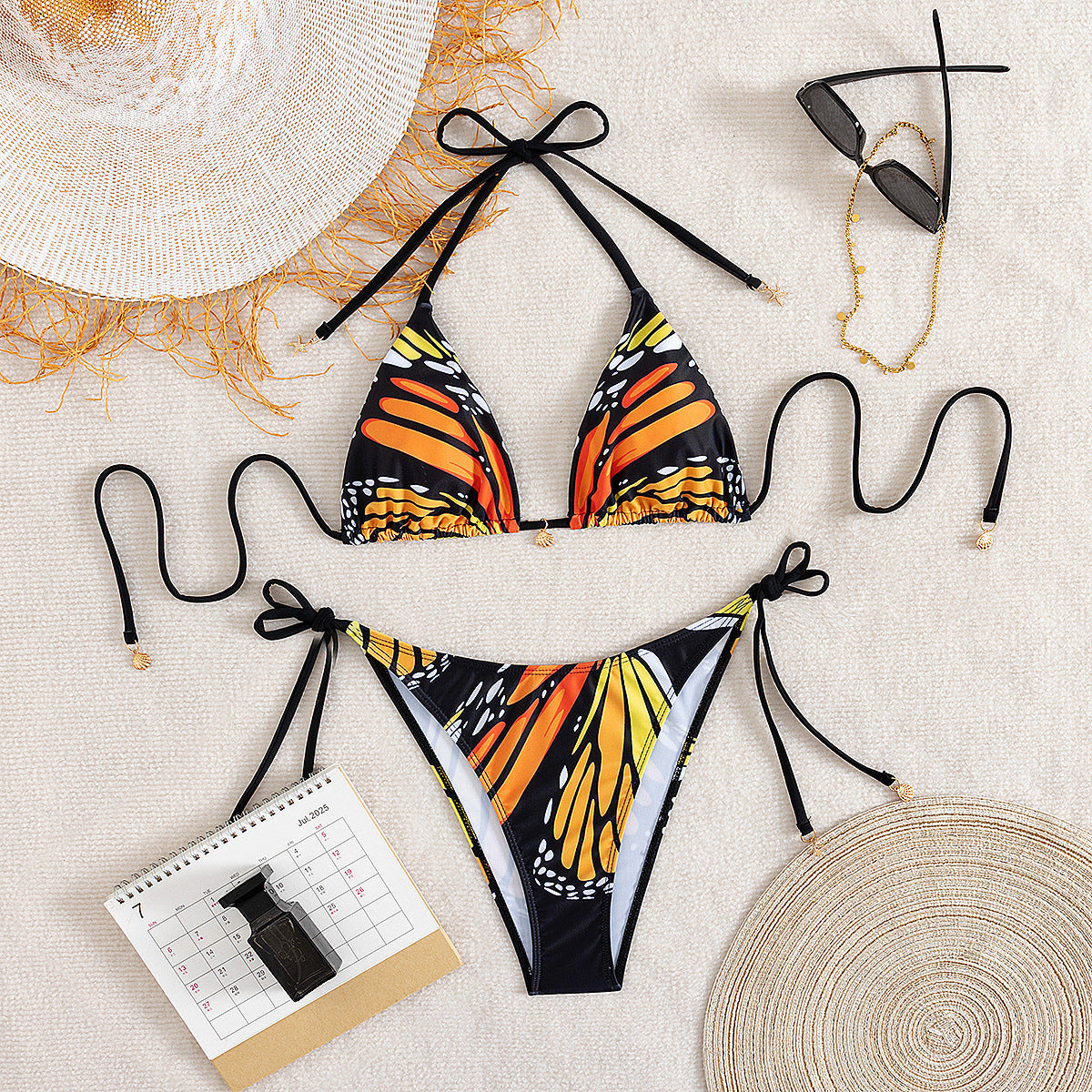 Bella Mia Bikini Swimsuit Women Sexy Butterfly Printed Halter Lace up Bikini Swimsuit — detail and construction