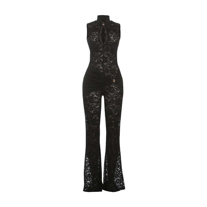 Bella Mia Autumn Winter Women Lace Stitching Sleeveless Sexy High Waist Slim Fit Micro Pull Jumpsuit — detail and construction