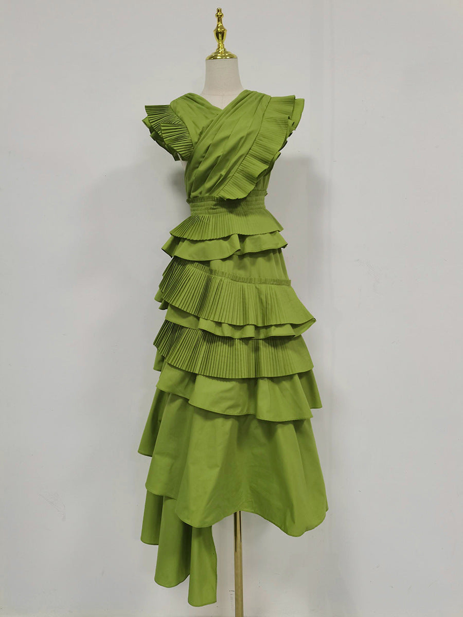 Spring Elegant Elegant Wooden Ear Stitching High Grade V neck Cross Maxi Dress Women Clothing