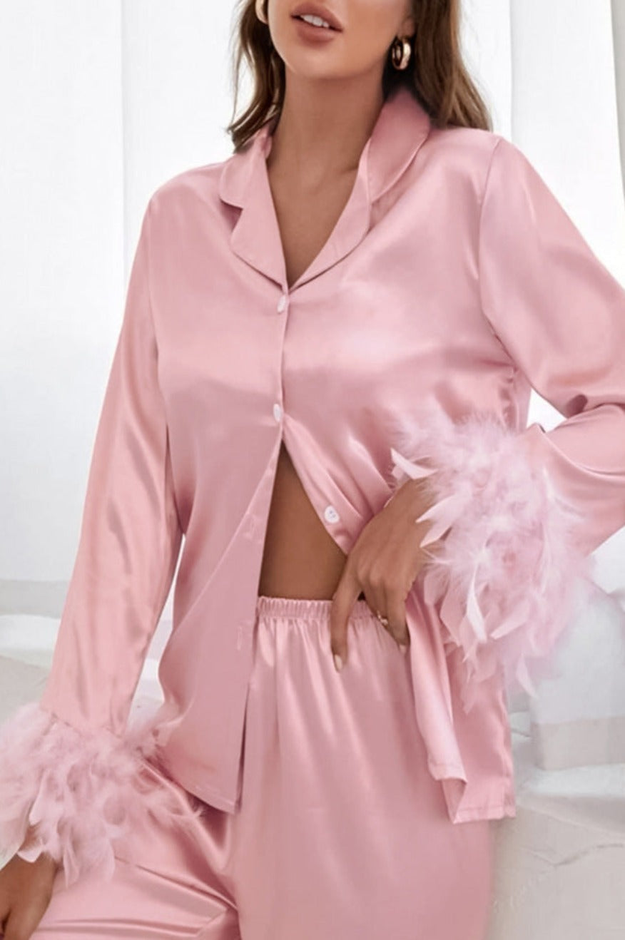 Pretty Little Patriot Pretty Little Patriot Heavenly Feathered Silk Pajamas in color options — construction detail