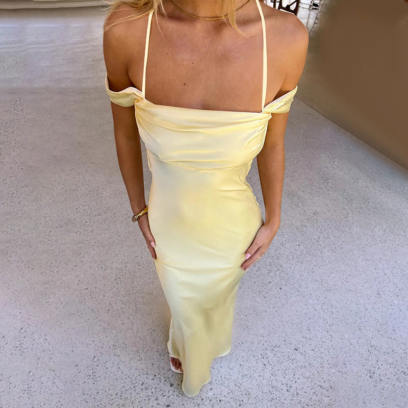 Bella Mia Strap Satin off Shoulder Evening Dress Backless Sexy Dress — lifestyle context