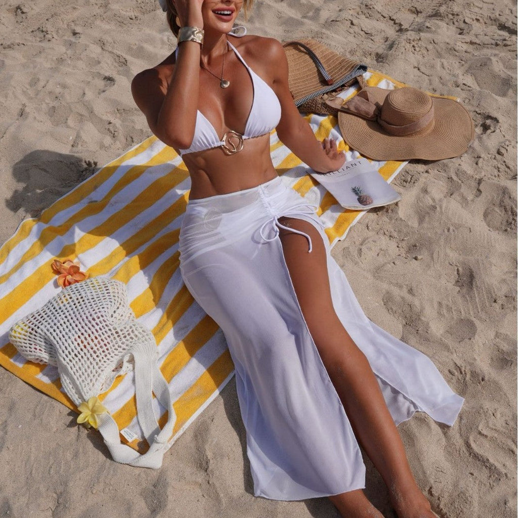 Bella Mia Solid Color Beach Sun Protection Tulle Skirt Sexy Three Piece Set Bikini Split Swimsuit — detail and construction