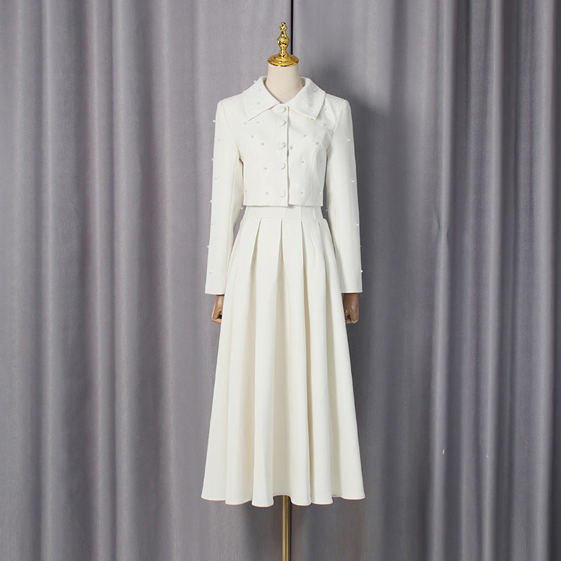 Spring Elegant Pleated Slim Maxi Dress Solid Color Beaded Collared Long Sleeve Two Piece Sets Women