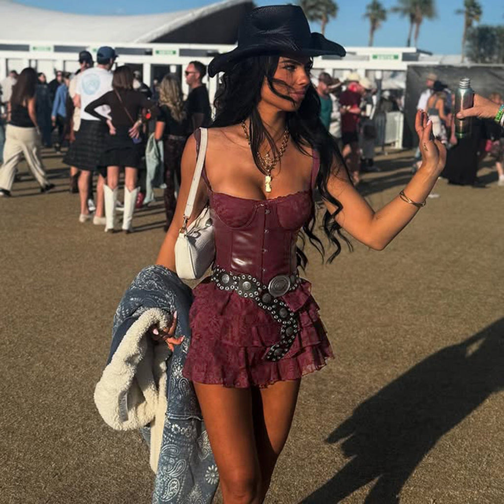 Sexy Leather Bra Strap Lace Stitching Puffy Tiered Dress Summer Set