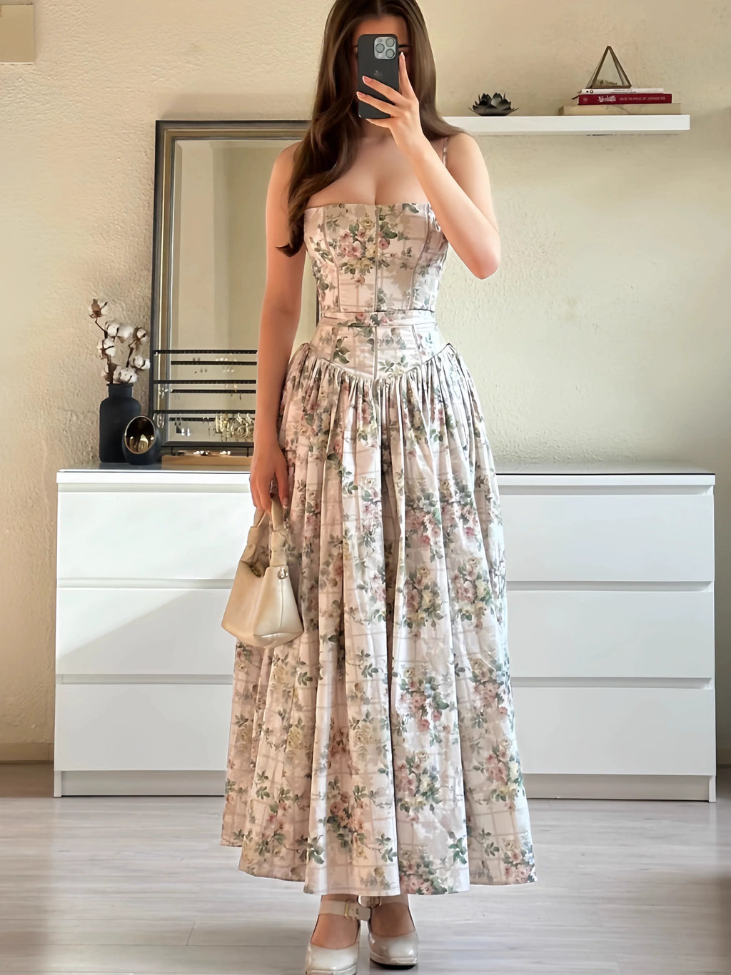 ACUDA Retro French Floral Long Skirt High Waist A-Line Cotton Dress