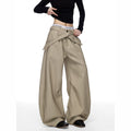 CEAROCOW Women's Retro Pleated Stripe Belt Trousers Loose Fit