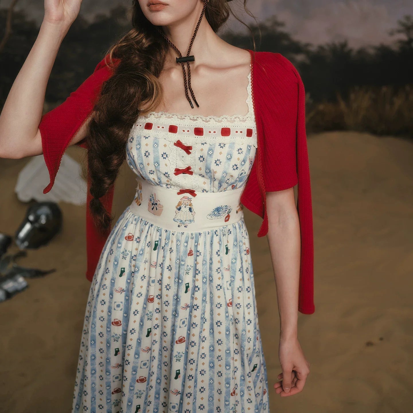 Bear Kitchen French Pastoral Sweet Print Striped Suspender Long Dress Blue Women
