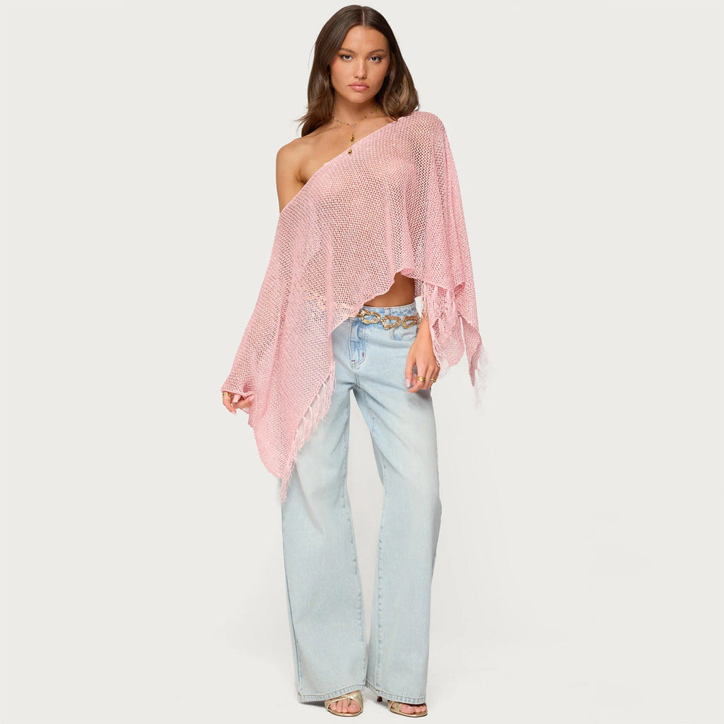 Bella Mia Summer Sexy Hollow Out Cutout out Sexy Diagonal Collar Inverness Irregular Asymmetric Design Knitted Blouse — detail and construction