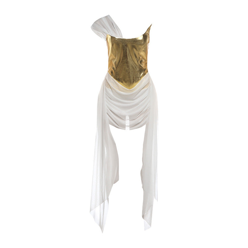 Bella Mia Spring Women Clothing Golden Bright Surface Mesh Stitching Ribbon Sexy Dress — alternate view