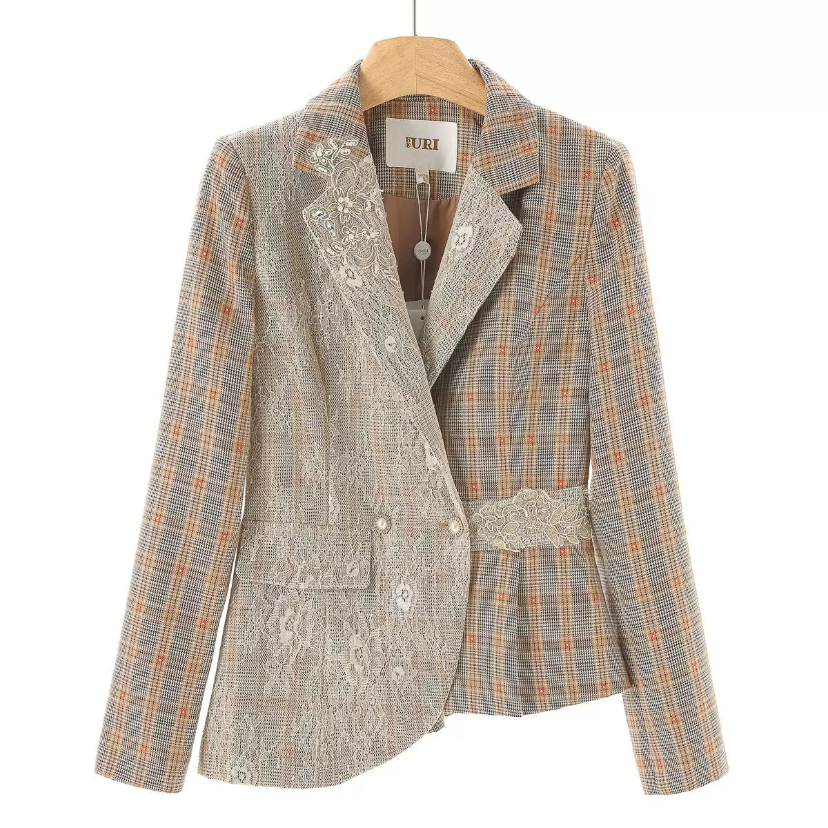 West Lake Pavilion Slim Plaid Beaded Suit Jacket