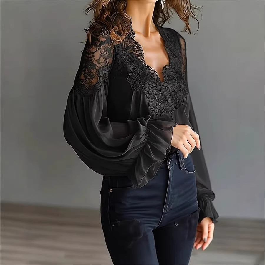 Bella Mia Women Lace Stitching Puff Sleeve Pleated Shirt — lifestyle context